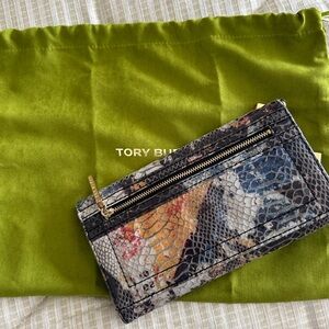 Tory Burch Steffi Wallet Snake Embossed Leather Clutch Wallet 8”x4” w/ dust Bag
